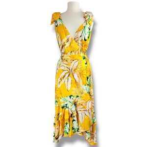 Adelyn Rae Yellow Tropical Floral Wrap Dress Hi-Lo Maxi Small